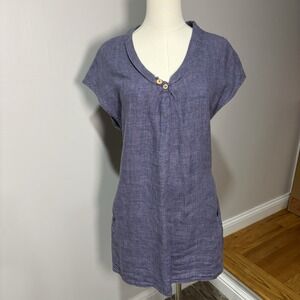 Malvin I Love Linen Beach Coverup Dress Blue Short Sleeve V Neck Women's S